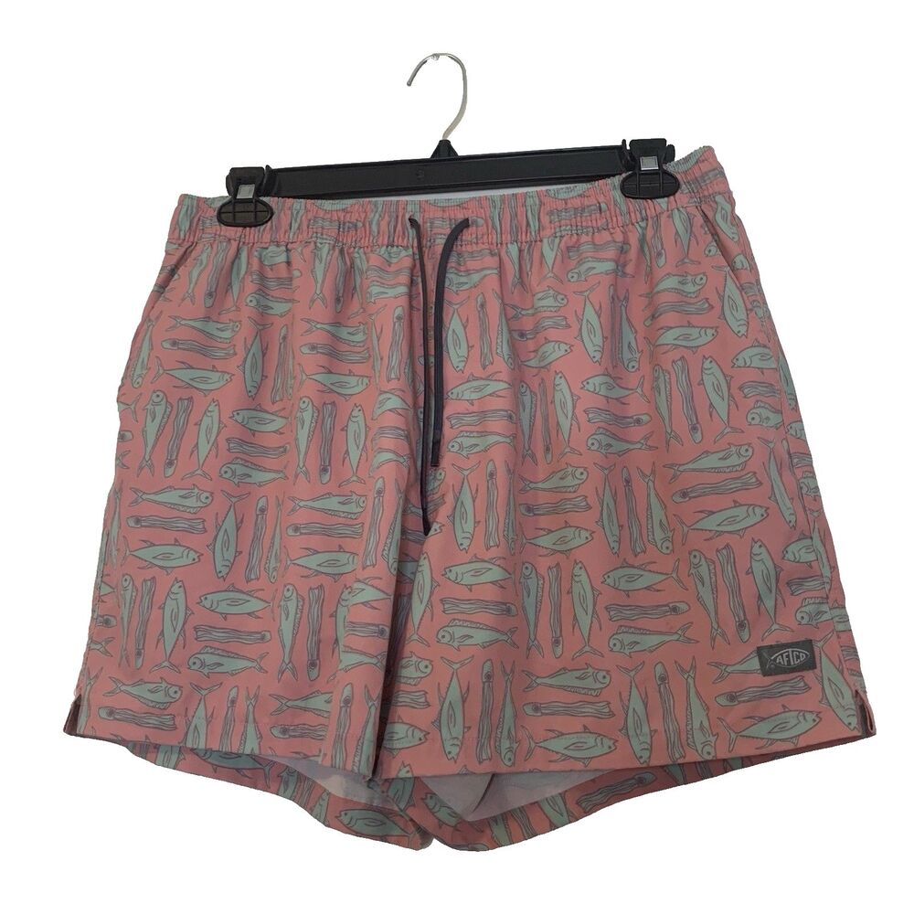 AFTCO Pink Swim Trunks with Light Blue Fish Print